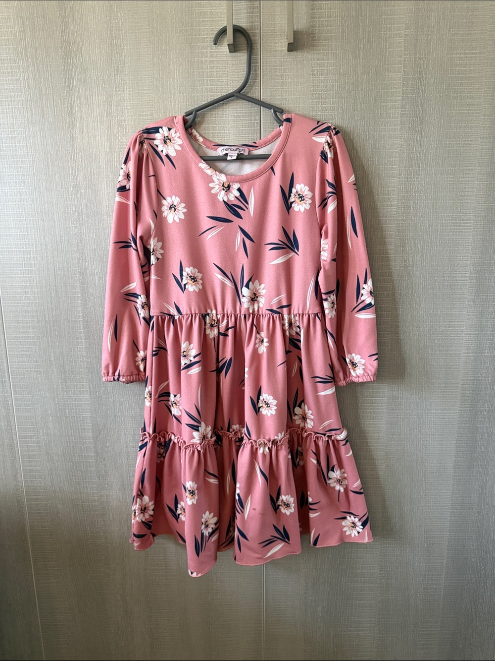 Chenault Pink Floral Tiered Dress with Navy Accents